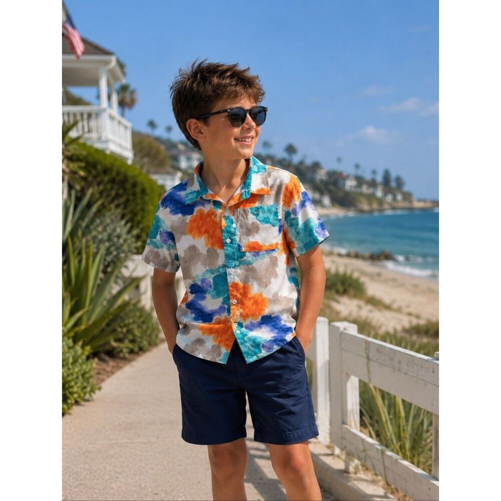 all in motion Boy's Multicolor Bright Watercolor Button-Down Shirt Large 10/12